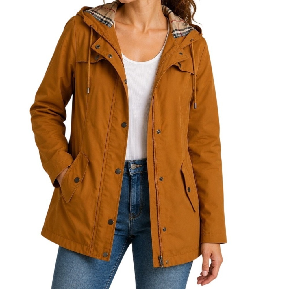 Safortree Mustard Yellow Plaid Lined Hooded Rain Jacket Women's Large